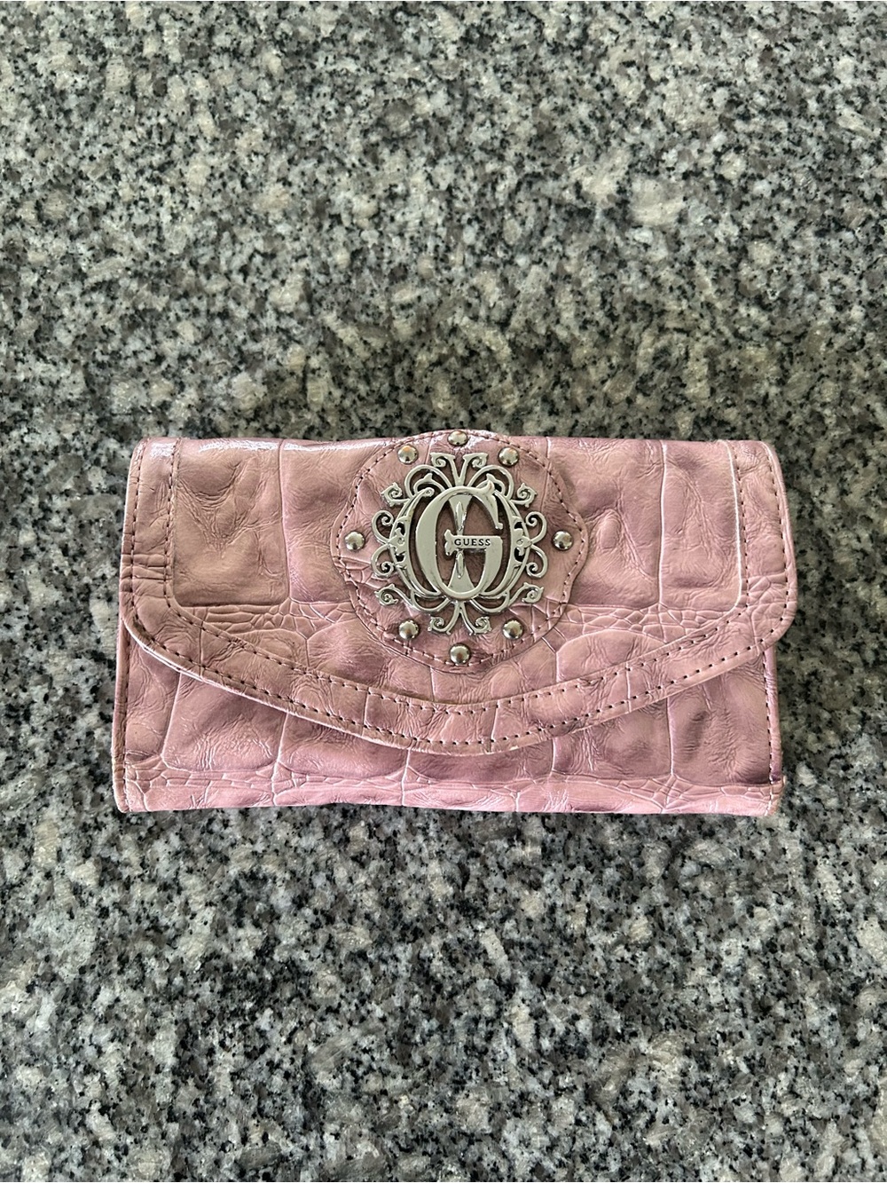 GUESS Blush Pink Croc-Embossed Clutch Wallet with Ornate Logo